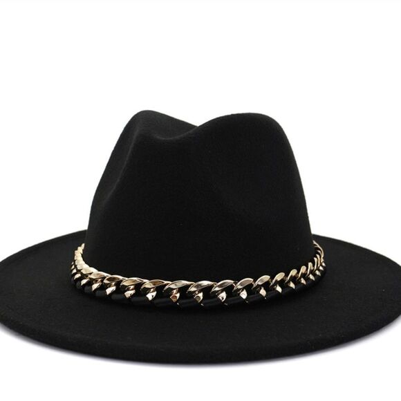 Wide Brim Dented Crown Chunky Cuban Chain Band Black Fedora Hat NEW
